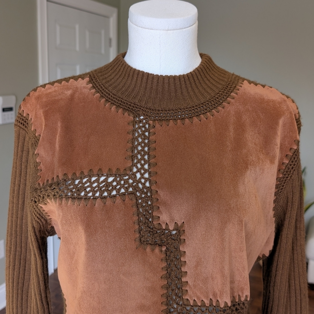 Vintage Valenti Women’s Suede Patchwork Knit Sweater Boho Brown Leather Size L - Picture 5 of 16